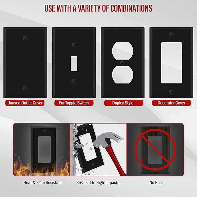 ENERLITES Decorator Switch Metal Wall Plate, Outlet Cover, Corrosion Resistant, Standard Size 1-Gang 4.50" x 2.76", Powder Coated Stamped Steel, 7731-BM, Black Matte
