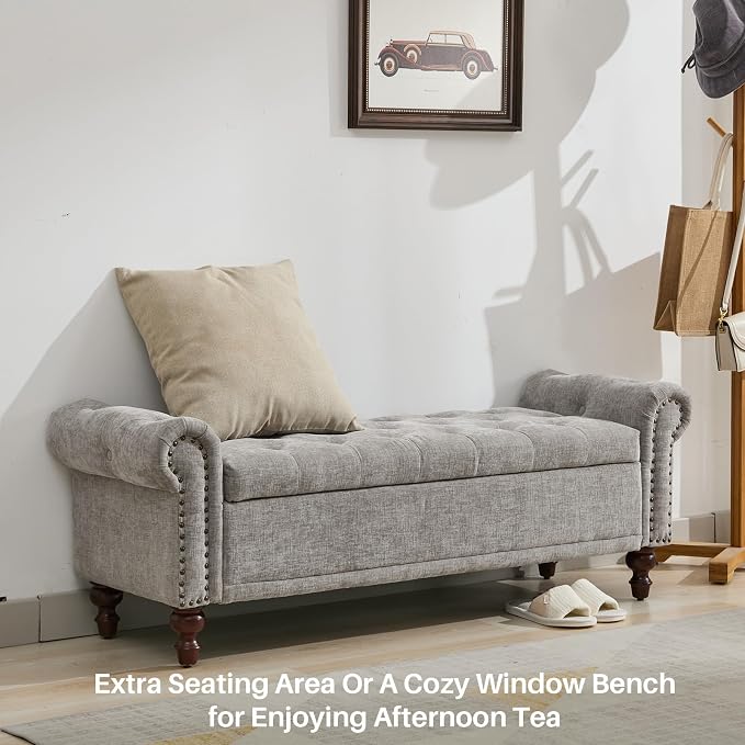 SOFTHION 58.1" Storage Bench for Bedroom, Chenille Upholstered, Light Grey | - Image 7