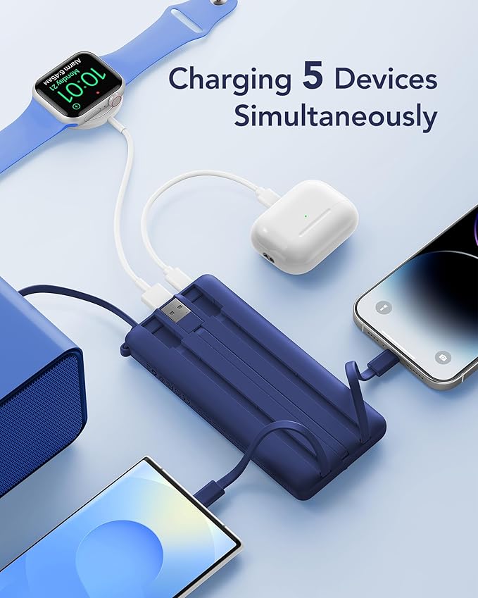 VRURC Portable Charger for iPhone, USB C Power Bank 10000mAh, Slim Travel Battery Pack with Built in Cables, 5 Outputs 2 Input Portable Phone Charger for iPhone 17 16 15 14 13, Samsung, Android-Navy