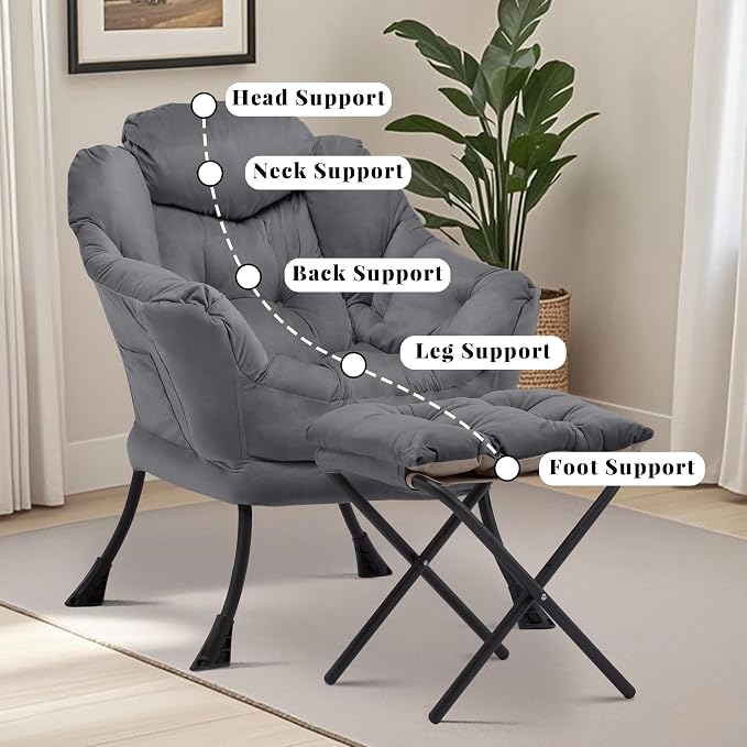Lazy Chair with Ottoman, Comfy Reading Chair, Darkgrey | Cushioned Seat with - Image 6