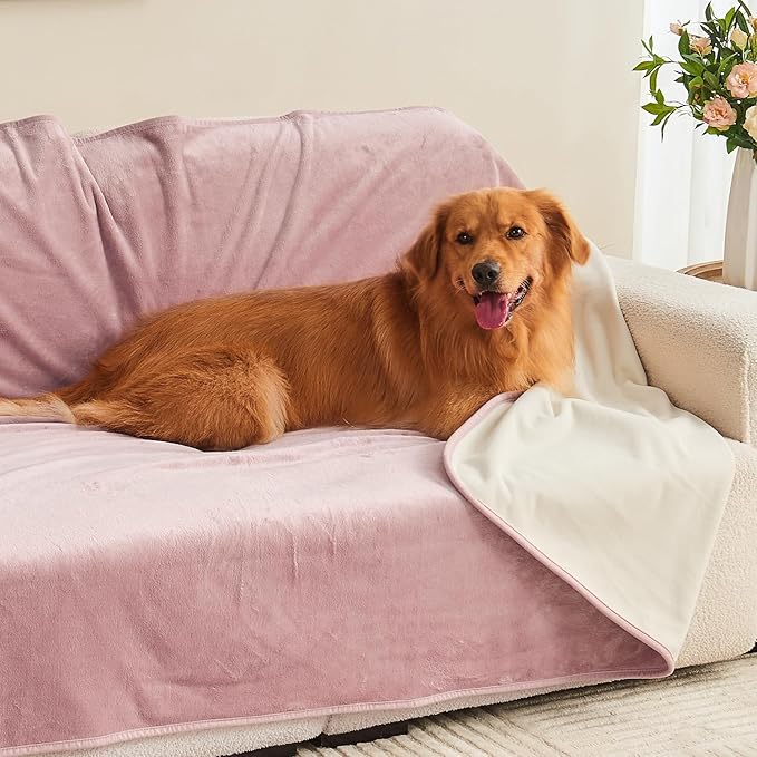 Waterproof Blanket 60"x80" for Adults, Reversible Waterproof Bed Cover for Dogs Cats Pets, Soft Leakproof Blanket for Bed Couch Sofa Furniture Protector, Dusty Pink/Off White