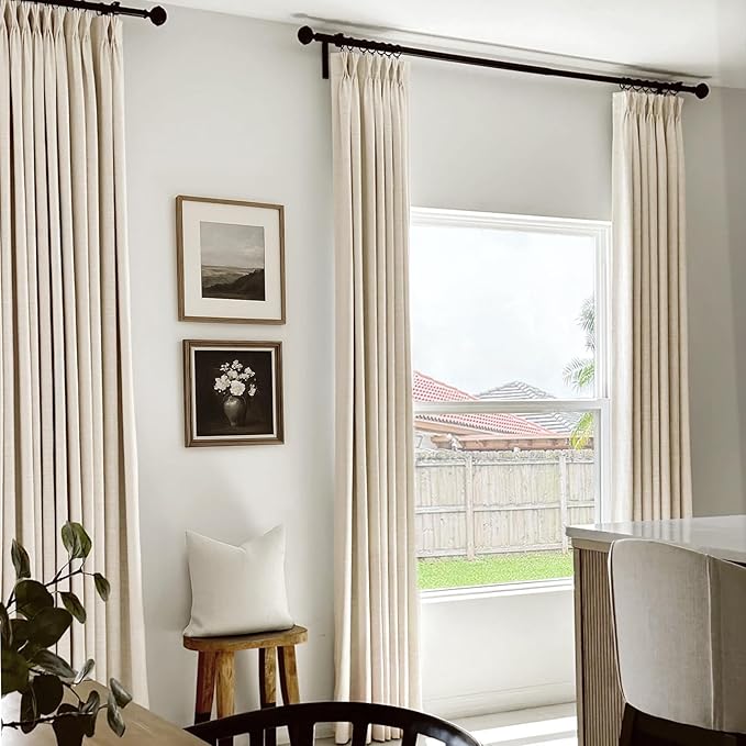 Pinch Pleated Full Blackout Faux Linen Curtains 96 inch 2 Panel Set | Cream - Image 5
