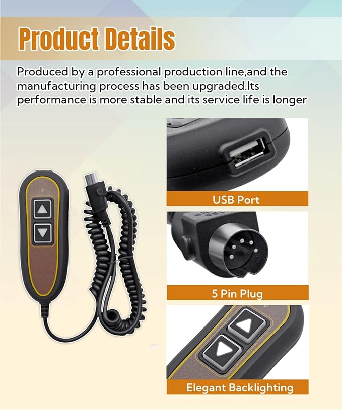 AWTURBO 2 Button 5 Pin Remote Replace Model ZK1200-HC Power Recliner Lift Chair Hand Control Replacement with USB and Backlight