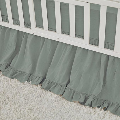 Brandream Boho Bohemian Girl Baby Nursery Crib Bed Skirt Dust Ruffle - Neutral Solid Color Sage Green Farmhouse Chic 100% Washed Cotton Ruffle