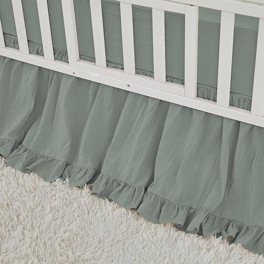 Brandream Boho Bohemian Girl Baby Nursery Crib Bed Skirt Dust Ruffle - Neutral Solid Color Sage Green Farmhouse Chic 100% Washed Cotton Ruffle
