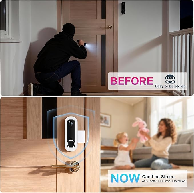 Anti-Theft Doorbell Mount Compatible with Arlo Video Doorbell 2K/HD (2nd Gen), No-Drill Adjustable Mounting Bracket for Arlo Doorbell Camera, Accessories for Apartments, Businesses Home (White)