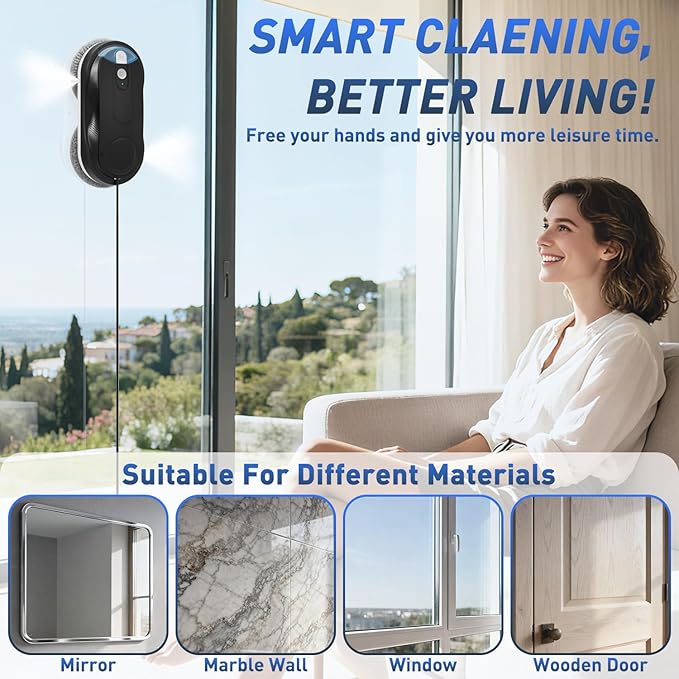 KKI Window Cleaning Robot, Automatic Window Cleaner Robot, Dual Spray, Max 3200Pa, AI Path Planning & Edge Detection, Remote Control for High-Rise Windows, Glass,Door,10xCloths, X3 (Black)