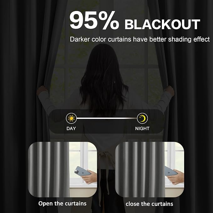 Blackout Bedroom Curtains 63 Inches Long, Thermal Insulated Short Pinch Pleated - Image 3