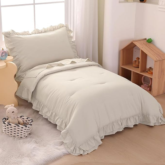 Wowelife Toddler Comforter Set for Girls, Pale Beige Toddler Bedding Set, 4 Pieces Double Ruffles Soft and Breathable Bed Set Includes Comforter, Fitted Sheet, Flat Top Sheet and Pillowcase