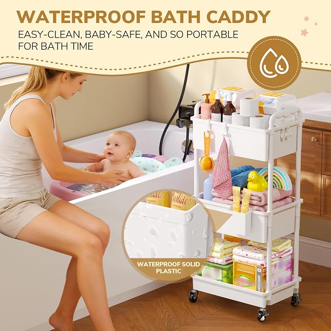 Goovilla Diaper Cart with Lockable Wheels and Easy Assembly, 3 Tier White | - Image 3