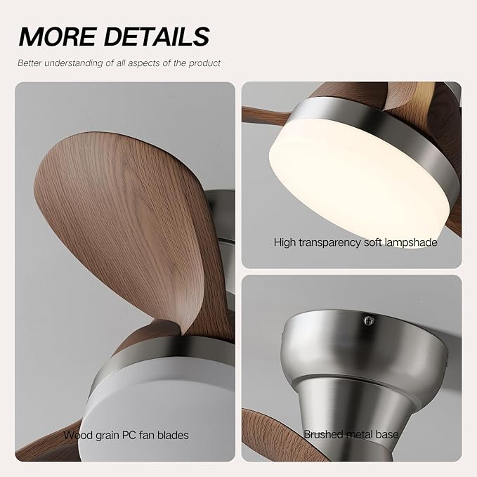 Myleoron 20 Inch Ceiling Fan with Light，3 Blades，Silver with Light with Remote Control Small Ceiling Fan ， Suitable for Living Room, Dining Room，Bedroom