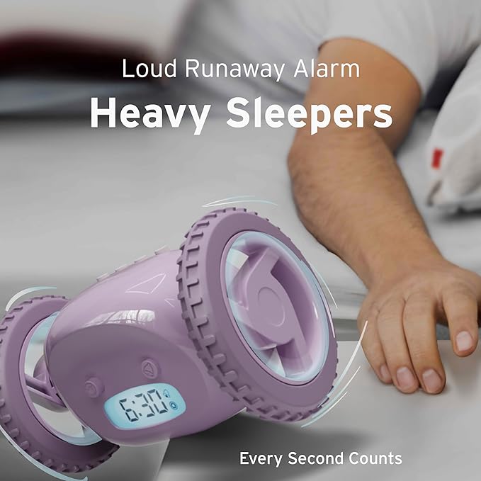 CLOCKY Alarm Clock on Wheels – Loud Rolling Alarm Clock for Heavy Sleepers | Runaway Clock That Jumps & Runs to Wake You Up | Funny Unique Gift for Adults & Teens (Lavender)