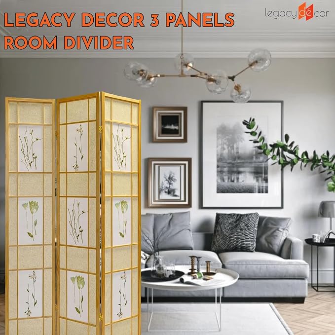Legacy Decor Room Divider Screen 71-in Tall 3-Panel Natural Botanical Print | - Image 2