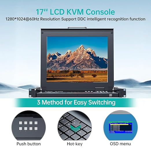 MT-VIKI Rack KVM Monitor Switch 8 Port w/17'' LCD Monitor, Fit 1U 19'' Rack, Integrated with Keyboard+Touch pad+Drawer+8 KVM Cables, Support OSD/Hotkey/Button