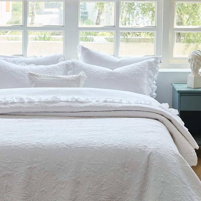 Brandream White Quilt Set King Size Quilt Bedding Set Cotton Luxury Matelasse - Image 7
