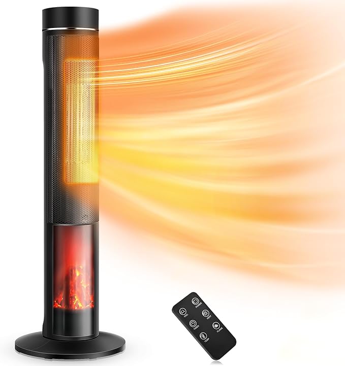 Air Choice 36" Tower Space Heater for Large Room, 1500W PTC Electric Fireplace Heater, Adjustable Thermostat, 4 Modes, 3D Flame,12H Timer, Oscillation, Remote, Heater for Indoor Use, Bedroom, Office