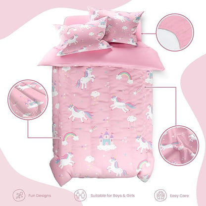 SANDJEST Unicorn Comforter Set Twin Size 68x86in for Kids Girls, Microfiber 3 Pcs Bedding Set Includes 1 Comforter, 1 Pillowcase, 1 Fitted Sheet, Nursery Room Decor