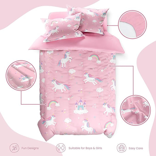 SANDJEST Unicorn Comforter Set Full Size 98x86in for Kids Girls, Microfiber 4 Pcs Bedding Set Includes 1 Comforter, 2 Pillowcases, 1 Fitted Sheet, Nursery Room Decor