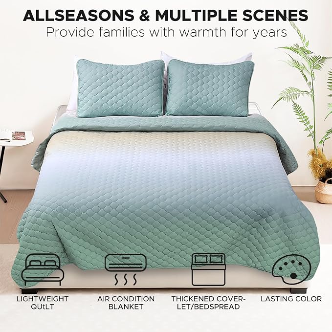 Quilt Set Full Queen Size 3 Piece, Gradient Green Pattern Printed Bedding - Image 4