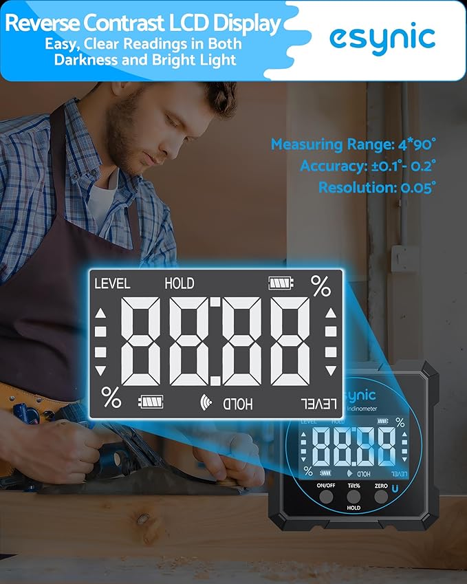eSynic Digital Level Box - 4-Side Magnetic Digital Angle Gauge with 0.05° High Precision & Large LCD Display- Rechargeable IP54 Waterproof Inclinometer, Aluminum Frame for Woodworking/Construction