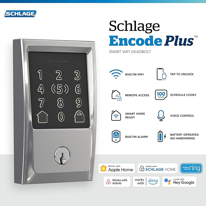 Schlage BE499WB CEN 625 Encode Plus WiFi Deadbolt Smart Lock, Keyless Entry Touchscreen Door Lock with Century Trim, Bright Chrome