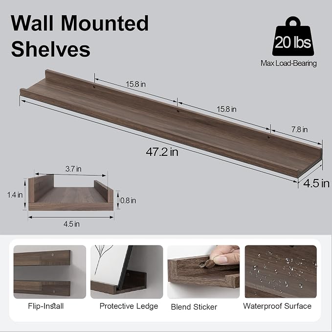 Walnut Floating Shelves for Wall Decor, 48 in Shelf - Image 3