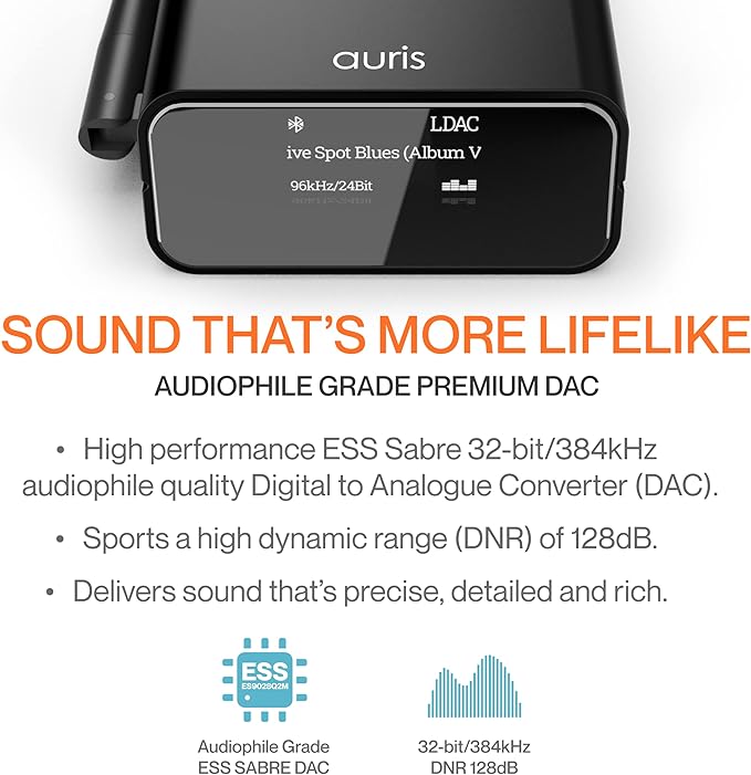 Auris Blume Pro HiFi Bluetooth 5.3 Music Receiver Long Range Bluetooth Adapter with Audiophile DAC, LDAC, aptX HD, OLED Display & Optical Coaxial AUX Output for Home Stereo, AV Receiver or Amplifier