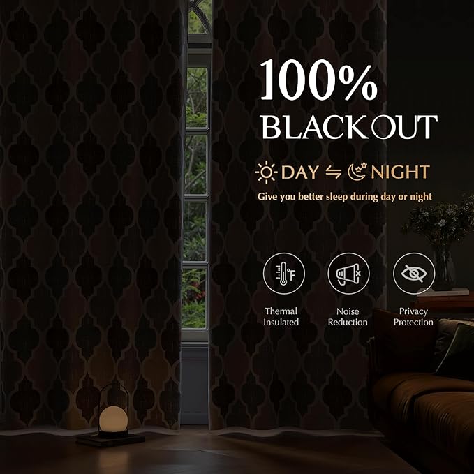 Beauoop 100% Blackout Curtains 84 Inches Long 2 Panels for Bedroom Living Room Brown Grey Moroccan Geo Room Darkening Thermal Insulated Soundproof Grommet Top Window Treatments Drapes, 50x84 Set of 2