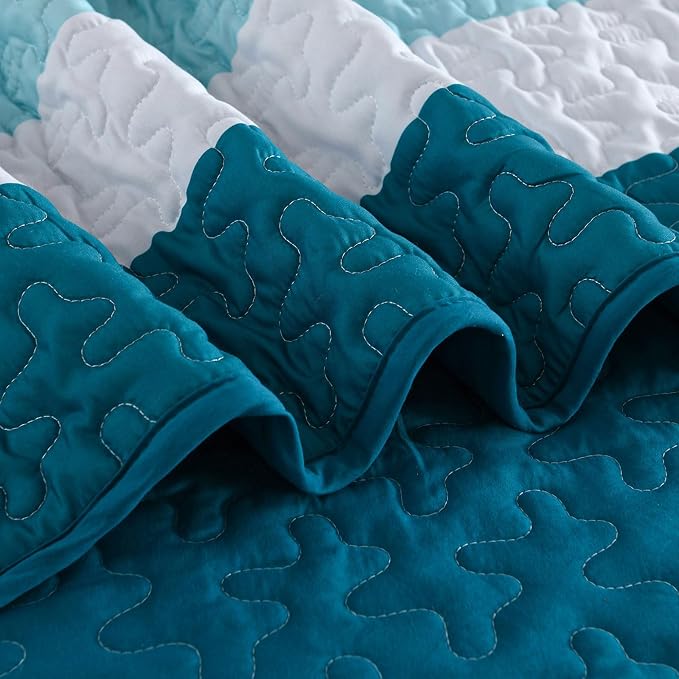 Dinjoy California King Striped Quilt Set, Teal Bedspread Bedding | Soft - Image 8