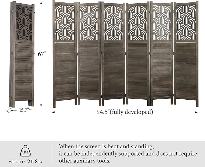 Svimi Folding Room Divider, 66.9 Inch 6 Panels Wood Carved Privacy Screens - Image 6
