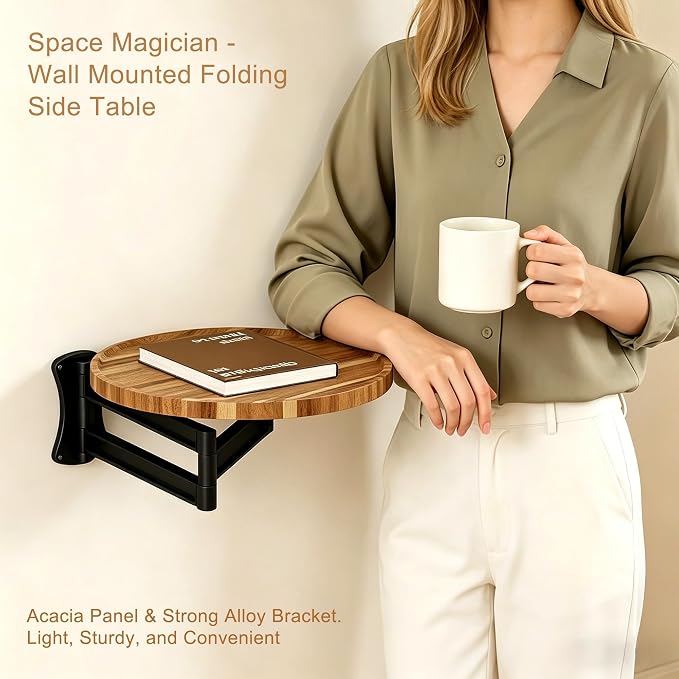 Wall Mounted Folding Table, Round Wood Tabletop - Image 5