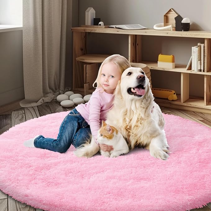 Pink Round Shag Area Rug for Bedroom, Washable Fuzzy Carpet for Room Boys Girls by Junhejiamei