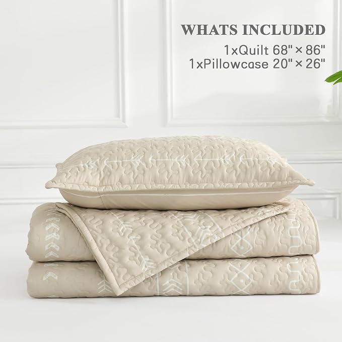 Beige Twin Quilt Set, 2 Pieces Boho Lightweight Striped Bedspread | Soft Beige - Image 7