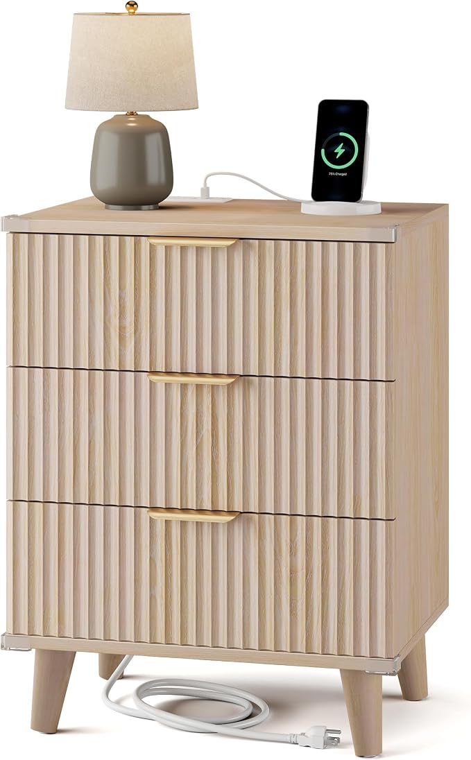 Wood Bedside Table w/Charging Station, 3 Drawers Fluted Dresser | Natural by Lulive