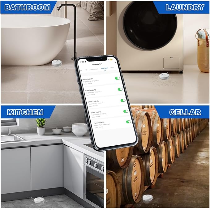 WiFi Water Leak Detectors 5 Pack, 120dB Adjustable Loud Water Leak Sensor, Wireless Wi-Fi Water Leak & Drip Alarm, App Alerts, 5 Water Alarm Sensors & 1 Hub for Home Kitchen, Bathroom, Sink, Laundry