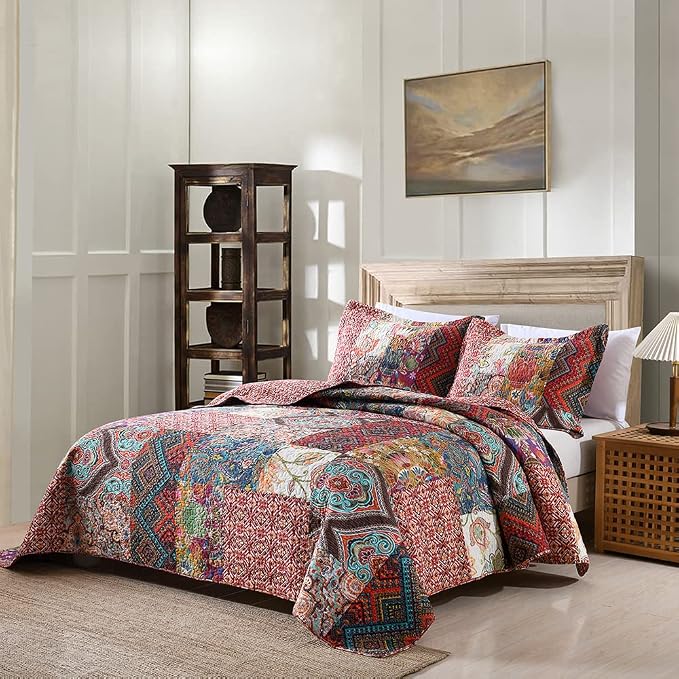 Autumn Dream Cotton Patchwork Bedspread Quilt Sets, Reversible Bedding Coverlet - Image 2