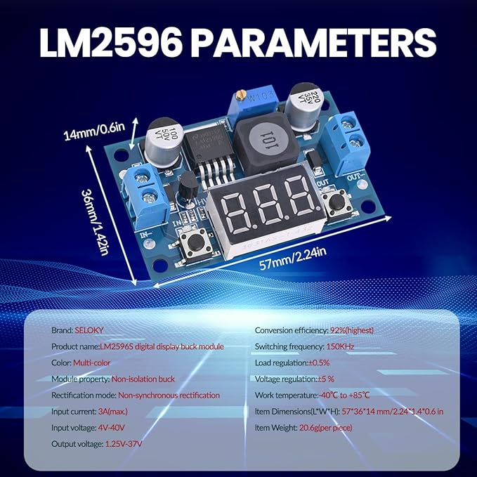 Seloky LM2596 Adjustable DC-DC Step-Down Buck Converter Module with LED Voltmeter Display, Voltage Regulator 4.0-40V Input to 1.25-37V Output Power Supply Module (Pack of 10)