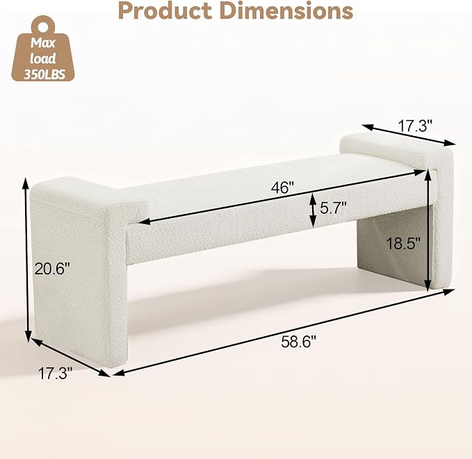 Upholstered Entryway Bench, 58.7" Modern Bedroom Bench, Curved Armrests - Image 2