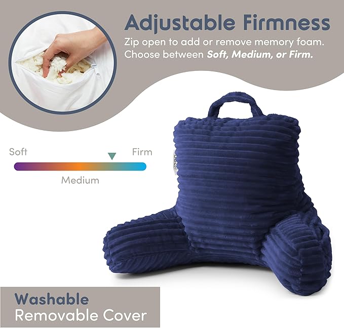 Nestl Reading Pillow for Kids & Teens with Shredded Memory Foam, Luxe Cut Plush Backrest Pillows for Reading and Gaming, for use on Couch, Bed, Floor, Adjustable Support with Washable Cover Navy Blue