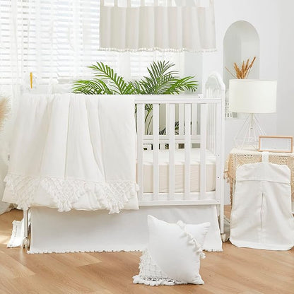 Brandream Boho Bohemian Girl Boy Baby Nursery Crib Bed Skirt Dust Ruffle - Neutral Solid Color Cream Off White Farmhouse Chic 100% Washed Cotton Minimalist Tassel Fringe Macrame