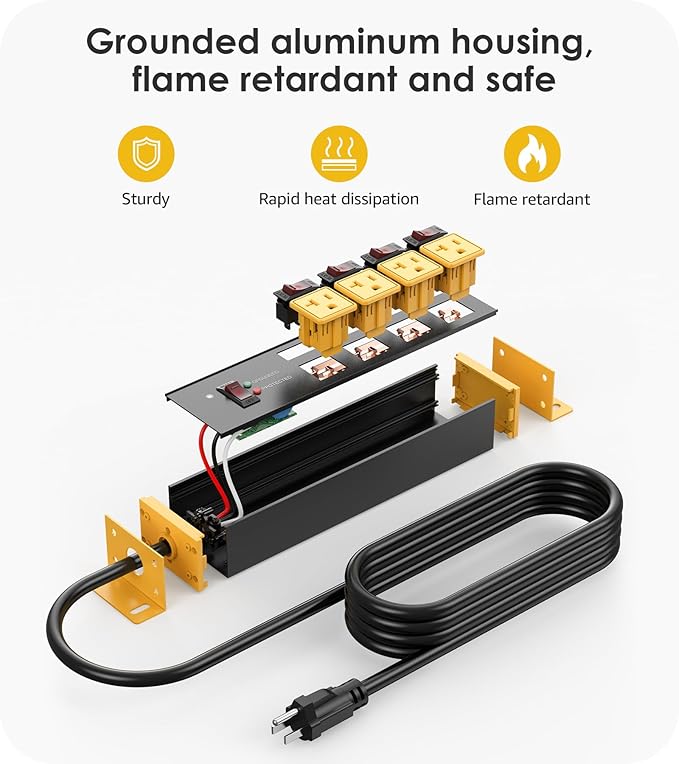CCCEI Heavy Duty Surge Protector Power Strip 20 Amp Individual Switches. 6FT 12 Gauge Extension Cord with Multiple Outlets. Kitchen, Garage, Shop, Industrial Wall Mount Electric Extender, Yellow.