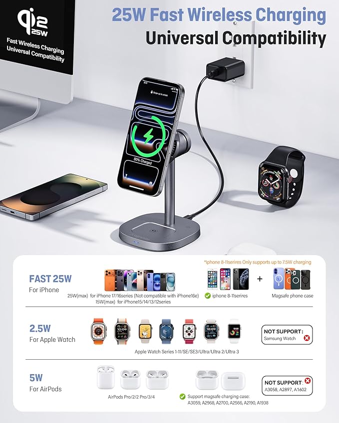 Augnner 3 in 1 Wireless Charging Station, Qi2.2 25W Certified Fast Magnetic Charger, Mag-Safe Wireless Charger Stand with TEC Active Cooling, for iPhone17/16/15/14/13/12, Apple Watch/AirPods