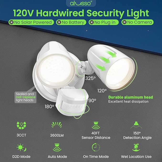 ALUSSO Motion Sensor Outdoor Lights Metal Heads, 30W Flood Lights Outdoor 3600LM, 3 Modes Dusk to Dawn/Auto/On Time, 3000K 4000K 6500K Adjustable, Hardwired Security Light ETL Listed, White 1PC