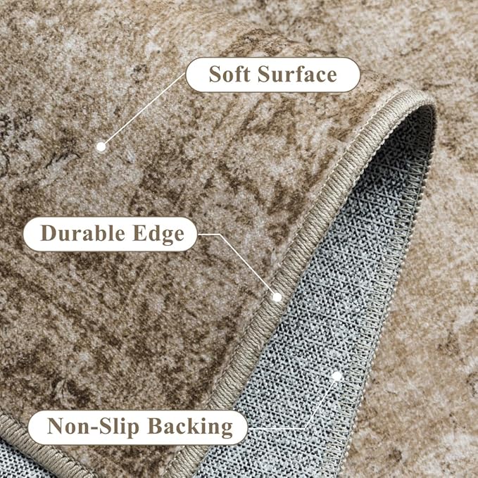 2x10 Light Brown Area Rug Runners for Hallways Washable Vintage Distressed Carpet Low Pile Non Slip Indoor Retro Soft Long Accent Rug Bedroom Kitchen Bathroom Laundry Dining Living Room