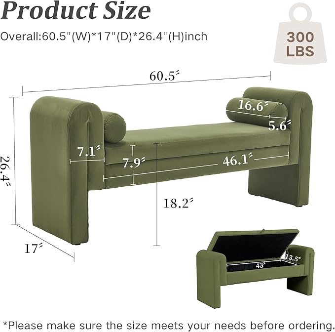 61" Velvet End of Bed Bench, Upholstered Seat - Image 2