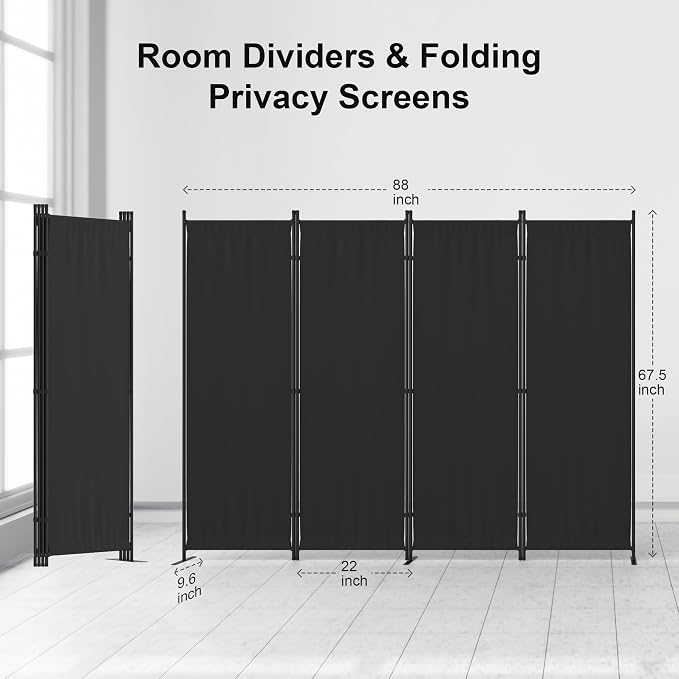Room Divider 4 Panel Partition Room Dividers & Folding Privacy Screens w/ 3 - Image 2