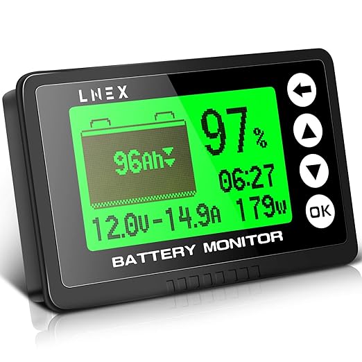 LNEX Portable Battery Monitor with Shunt, 500A Automotive Car Battery Monitor for RV 10V-120V, with High and Low Voltage Programmable Alarm and 26ft Shielded Wire