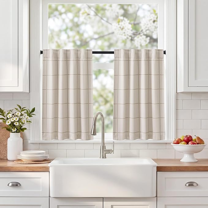 NICETOWN 100% Blackout Taupe Plaid Kitchen Curtains, 2 Panels | Rod Pocket & by NICETOWN