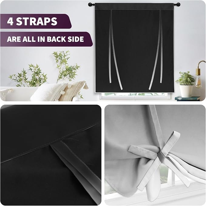 COSVIYA 100% Blackout Ombre Black Adjustable Tie Up Curtains - Image 6