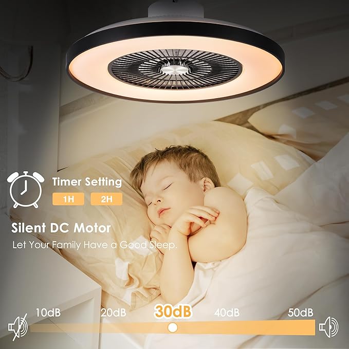 HUMHOLD 24" Bladeless Ceiling Fans with Lights and Remote/APP Control, Low Profile Ceiling Fan with 3-Dimmable Lights, Enclosed Flush Mount Ceiling Fan for Kid's Bedroom/Living Room